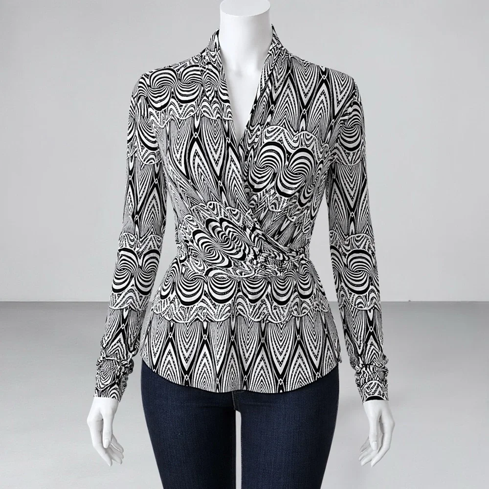 S Line Black Label Abstract Print Faux Wrap Blouse